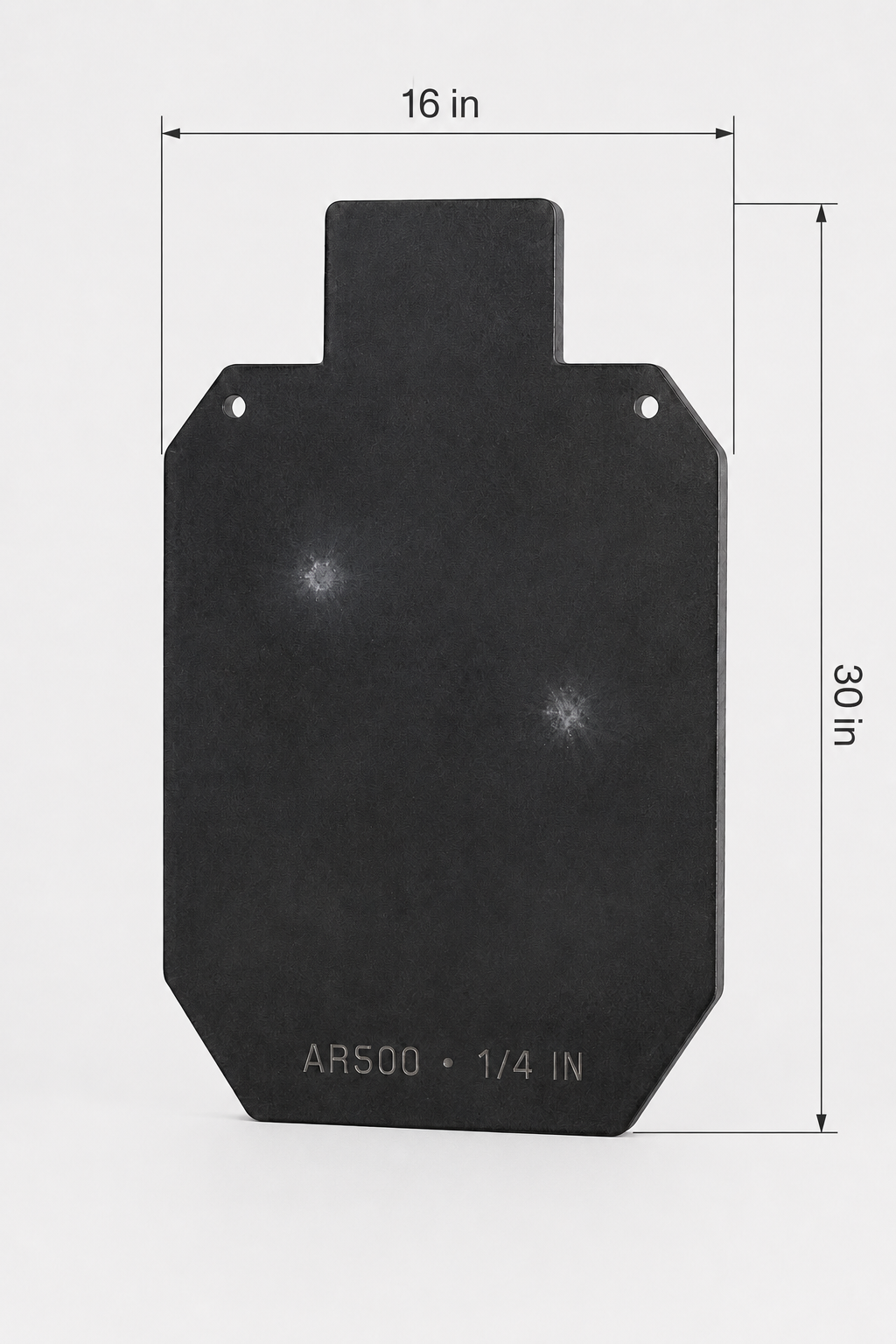 A black target-shaped plate with two bullet-hole style marks, shown on a light gray background with dimension lines indicating 16 in width and 30 in height. White text at the bottom reads AR500 .
