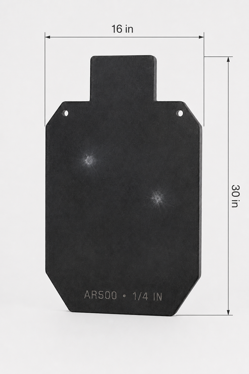 A black target-shaped plate with two bullet-hole style marks, shown on a light gray background with dimension lines indicating 16 in width and 30 in height. White text at the bottom reads AR500 .